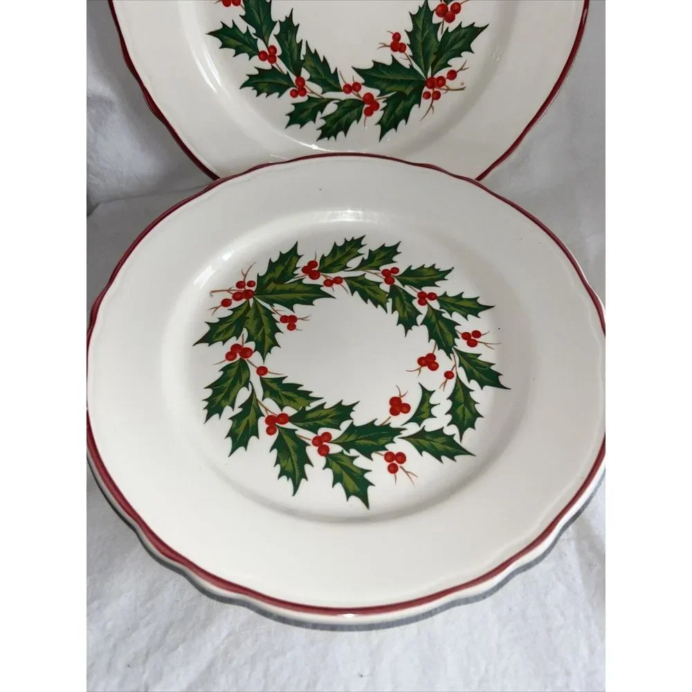 Homer Laughlin Best‎ China Christmas Plate Set Of 4 Holly Design 9 3/4